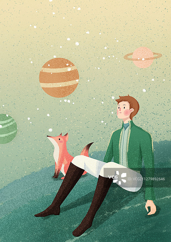 与狐狸一起仰望星空的男孩图片素材