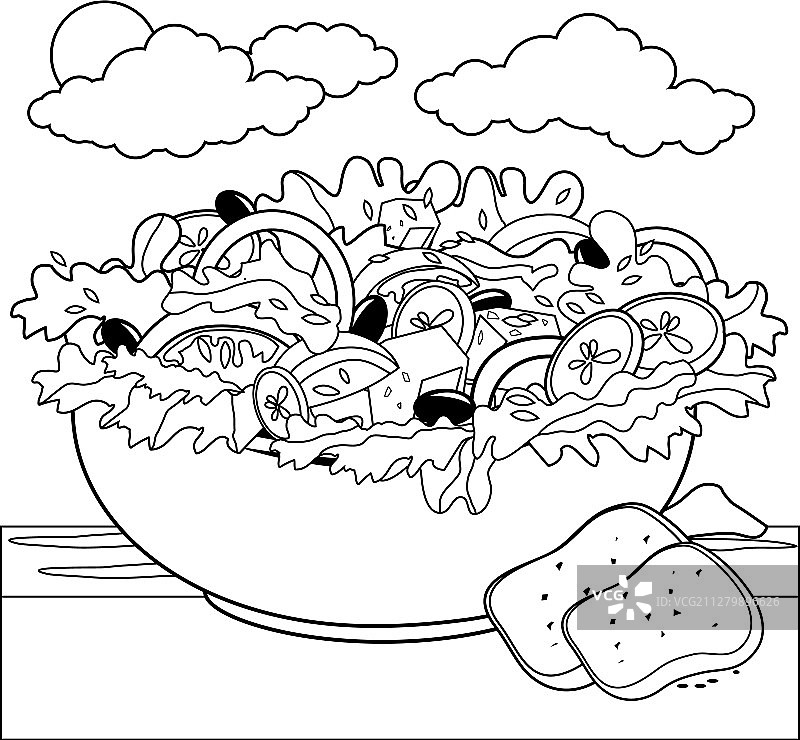 希腊沙拉黑白着色页图片素材