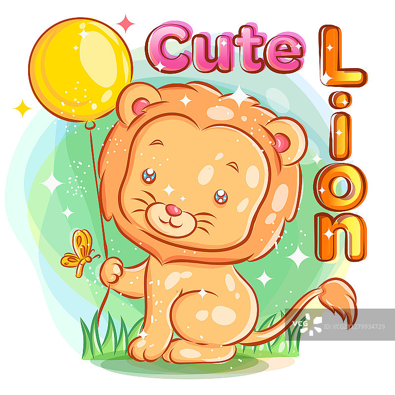 拿着黄色气球的可爱狮子图片素材