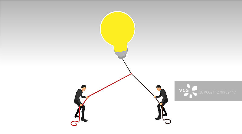 两人拉着发光的黄色灯泡图片素材