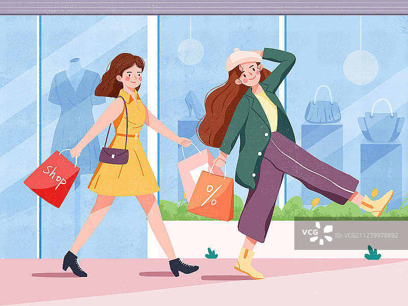 闺蜜朋友两人一起开心逛街购物图片素材