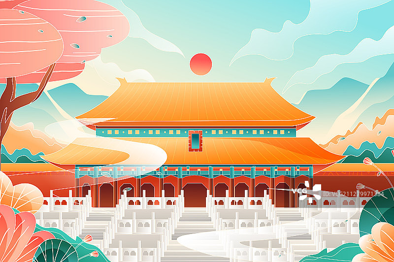 中国北京故宫紫禁城太和殿建筑地标中国风矢量插画图片素材
