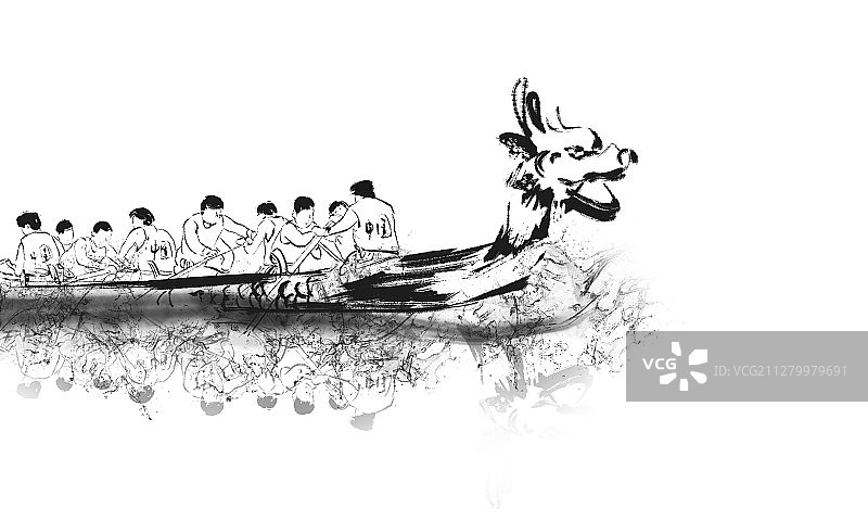 水墨写意端午节多人划龙舟插画图片素材