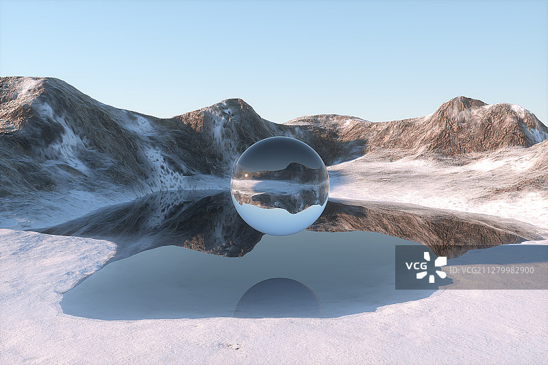 雪山与湖泊与透明玻璃球 3D渲染图片素材