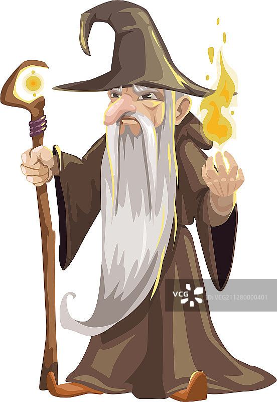 手持权杖和火焰图标的老巫师图片素材