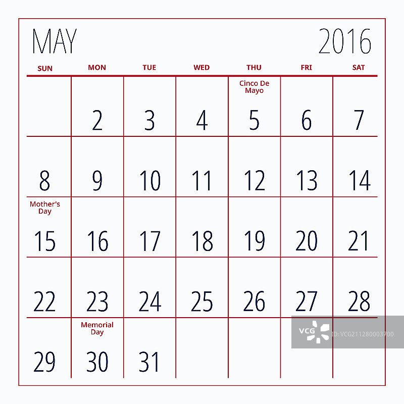2016年5月阵亡将士纪念日日历图片素材