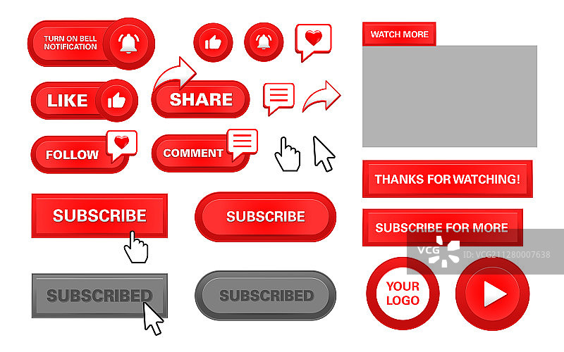 红色播放按钮：订阅、关注、点赞、评论图片素材