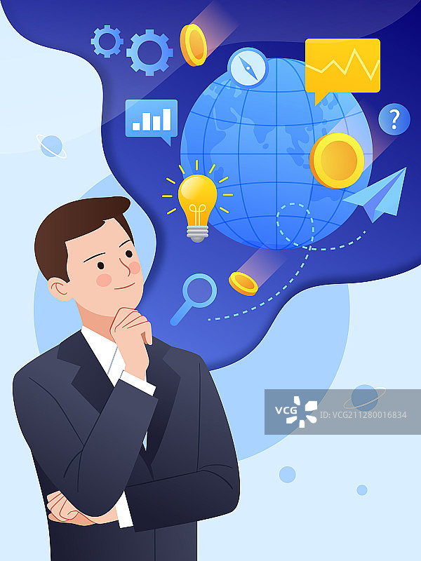 思考的男人与地球和金融元素背景图片素材