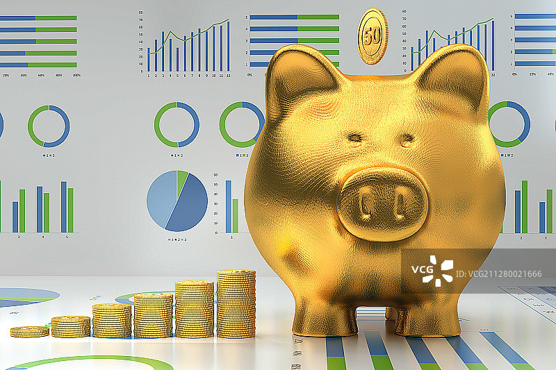 3D黄金小猪和财经图标图片素材