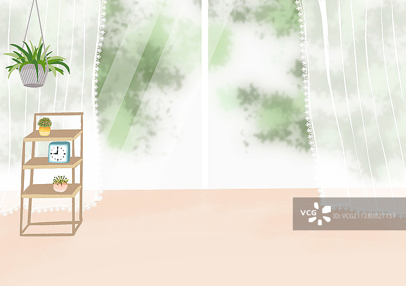 有着大落地窗的简单室内家居装修背景 手绘插画图片素材
