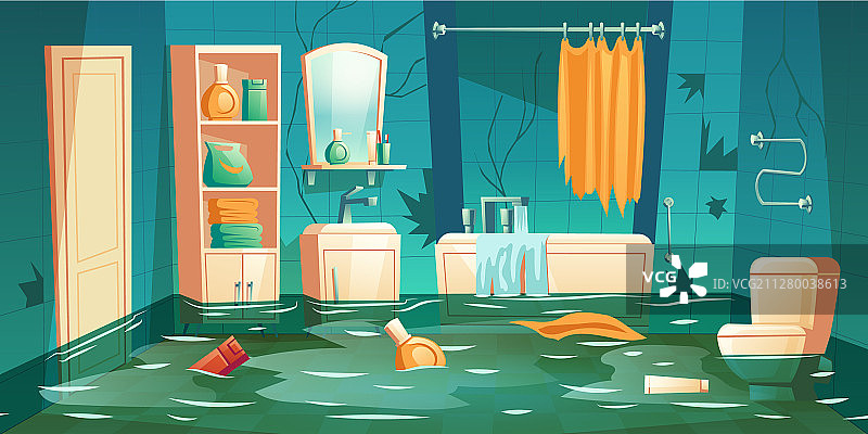 卡通浴室内部水灾保险场景图片素材