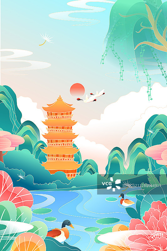 武汉黄鹤楼城市地标古建筑景区自然风光旅游中国风背景矢量插画图片素材