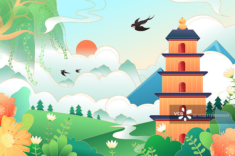 陕西西安大雁塔城市建筑地标风景矢量插画图片素材