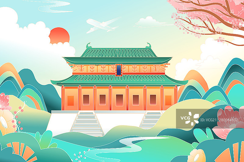 湖南长沙岳麓书院爱晚亭建筑城市地标旅游风景矢量插画图片素材