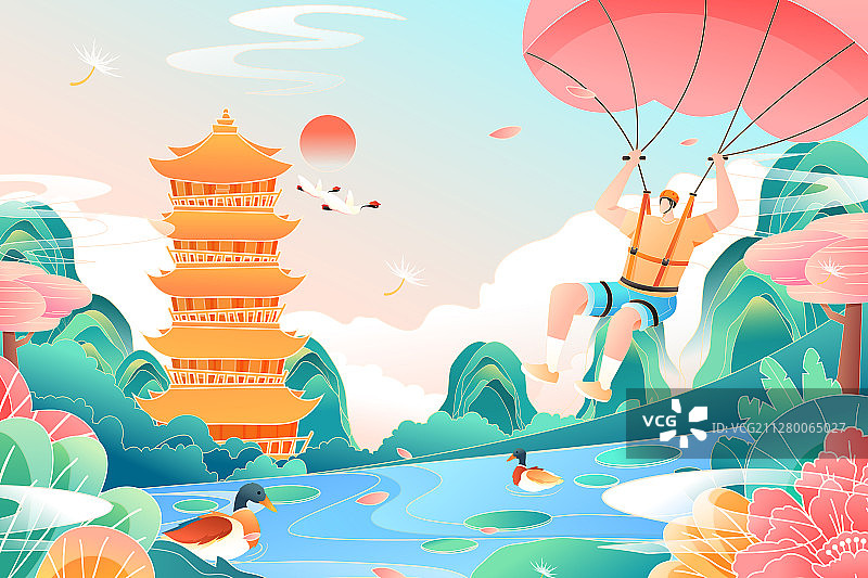 武汉黄鹤楼城市地标古建筑景区自然风光旅游中国风背景矢量插画图片素材
