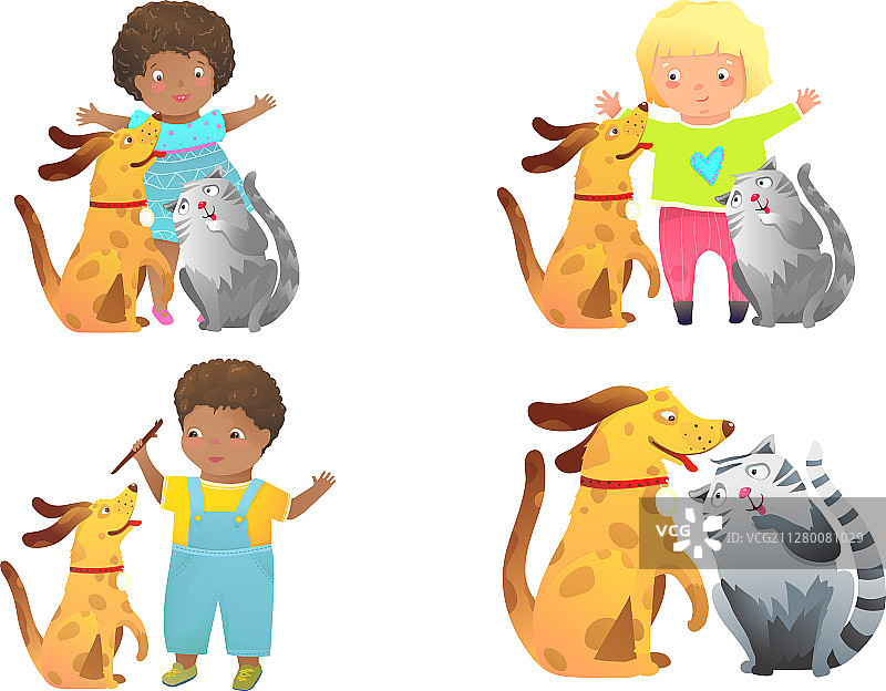 小狗小猫和孩子们一起玩耍图片素材