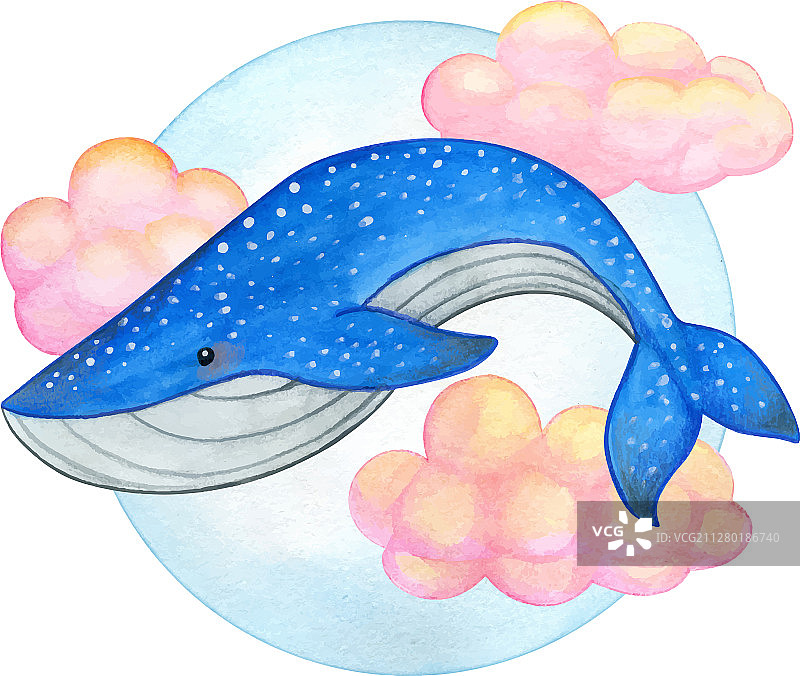 粉色云朵上的水彩蓝鲸图片素材