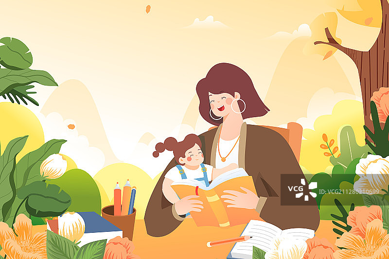 母亲节亲子早教儿童读物读书陪伴电商促销活动矢量插画图片素材