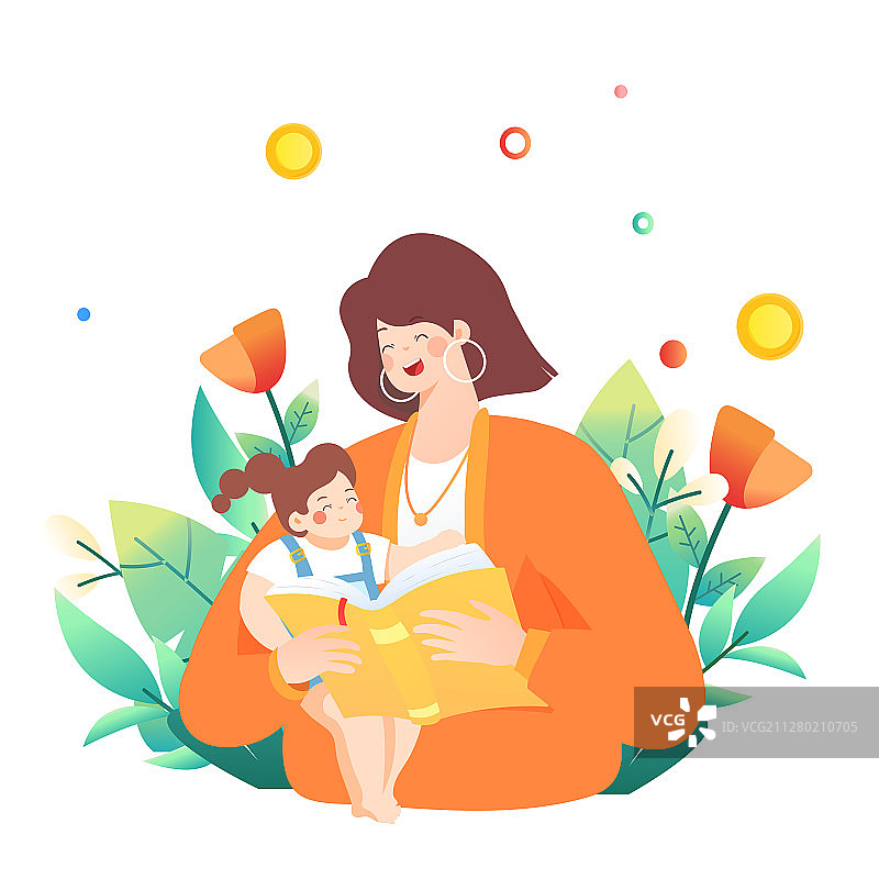 母亲节亲子早教儿童读物读书陪伴电商促销活动矢量插画图片素材