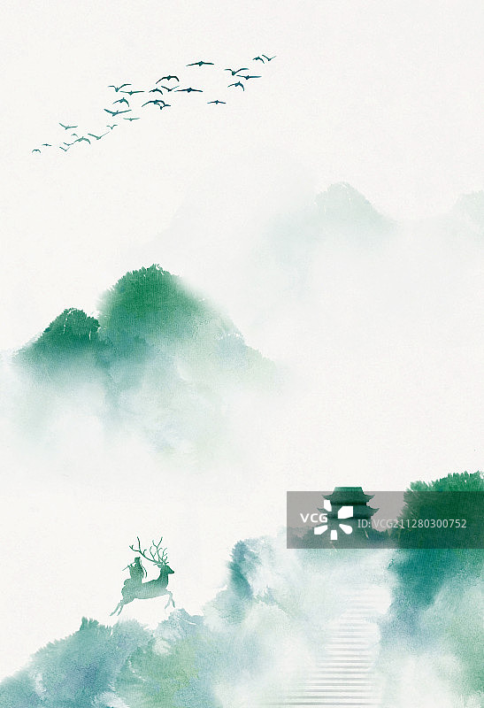 绿色中国风山水画仙人乘鹿图片素材