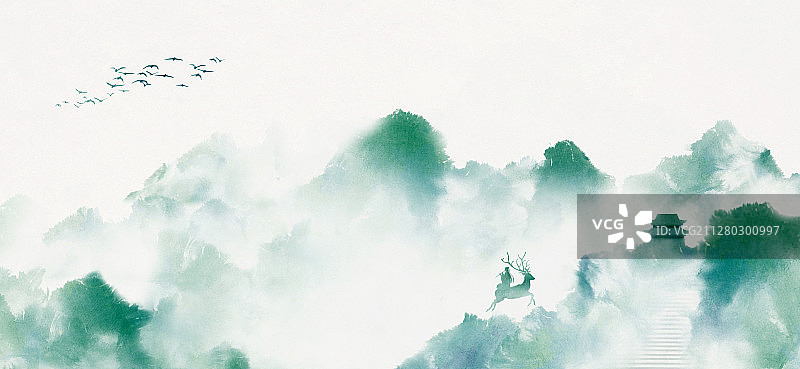 绿色中国风山水画仙人乘鹿横图片素材