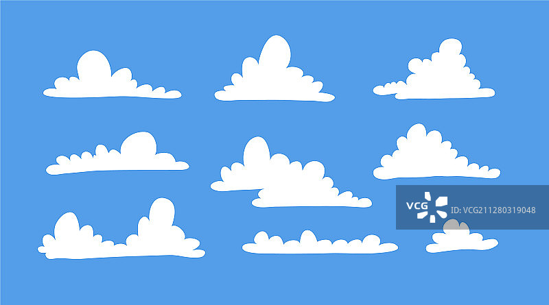 蓝色背景上的扁平风格趣味云朵套装图片素材