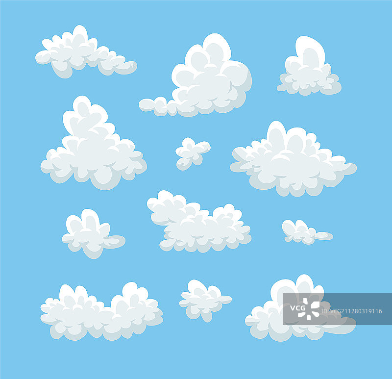 蓝色背景上的扁平风格趣味云朵套装图片素材