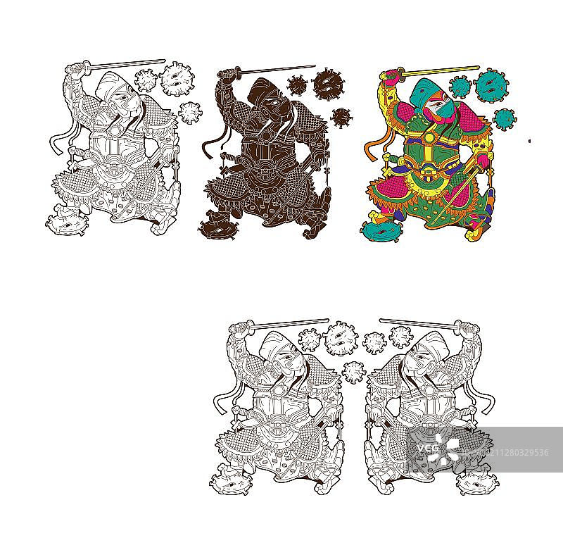传统朱仙镇年画抗疫门神矢量图 可自行填色图片素材