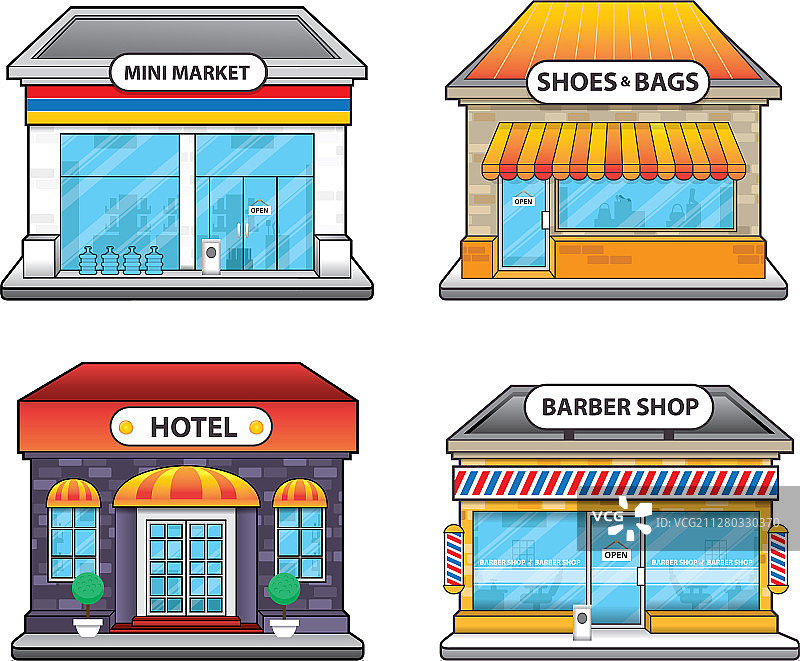 便利店、酒店和理发店建筑图片素材