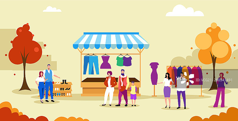 人们在服装摊位前排队图片素材