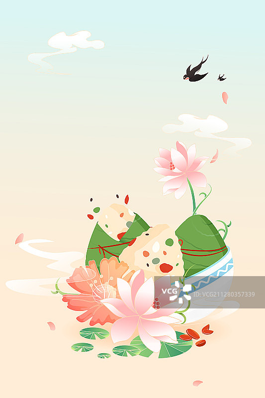 卡通端午节粽子传统节日习俗礼盒包装中国风背景矢量插画图片素材