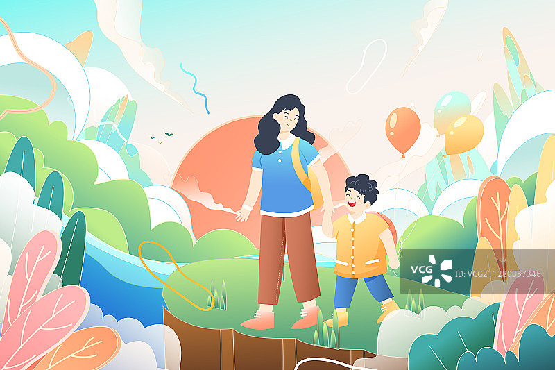 五一劳动节亲子游母亲节出游旅行自然风景矢量插画图片素材