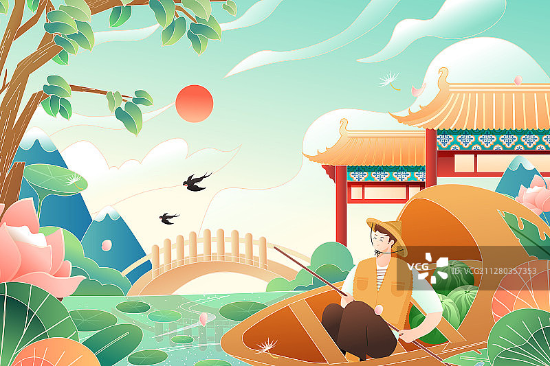 夏至二十四节气夏季出游旅行划船游湖中国风古建筑背景矢量插画图片素材
