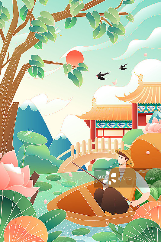 夏至二十四节气夏季出游旅行划船游湖中国风古建筑背景矢量插画图片素材