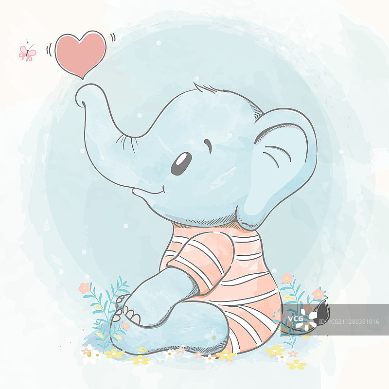 有泡泡心的可爱小象水彩画图片素材
