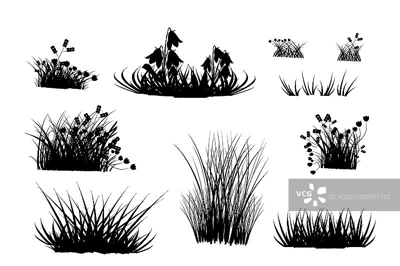 白色背景上的黑色草丛剪影合集图片素材
