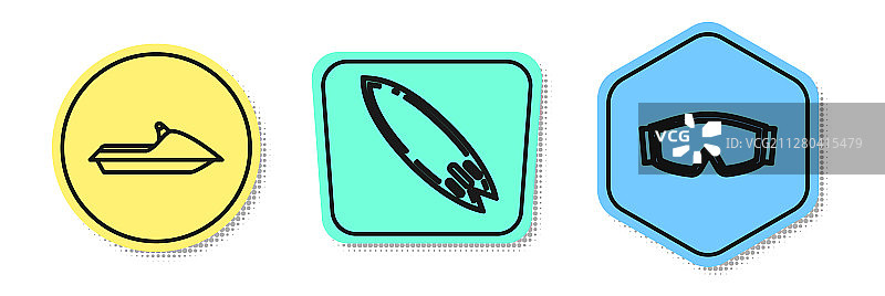 水上摩托、冲浪板和滑雪镜线条图标图片素材