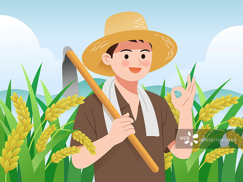 一个扛着锄头的农民做出OK手势图片素材