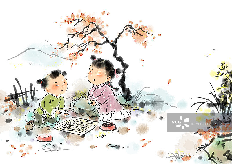 水墨风儿童插画国学经典-孩童对弈图片素材