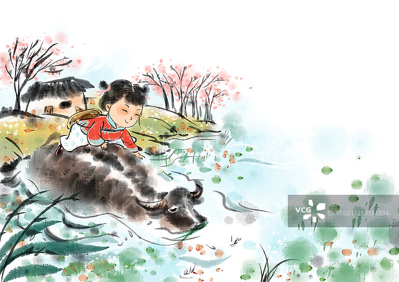 水墨风儿童插画国学经典-女孩与牧牛图片素材