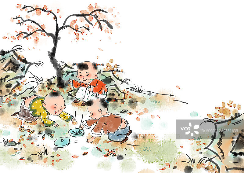 水墨风儿童插画国学经典-孩童斗蛐蛐图片素材