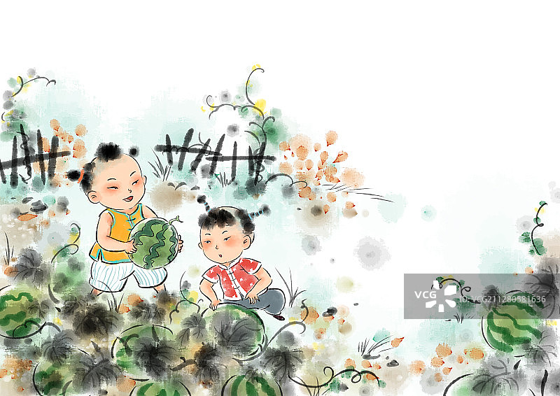 水墨风儿童插画国学经典-瓜田童趣图片素材