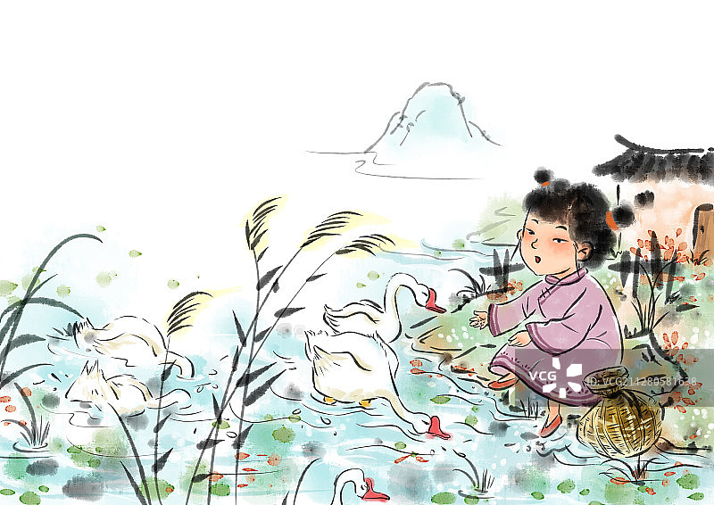 水墨风儿童插画国学经典-女孩与鹅图片素材