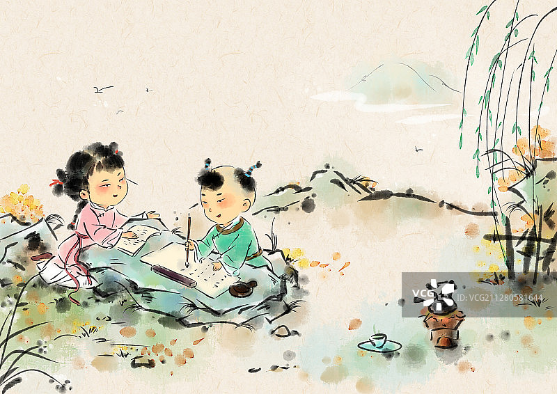 水墨风儿童插画国学经典-孩童读书图片素材