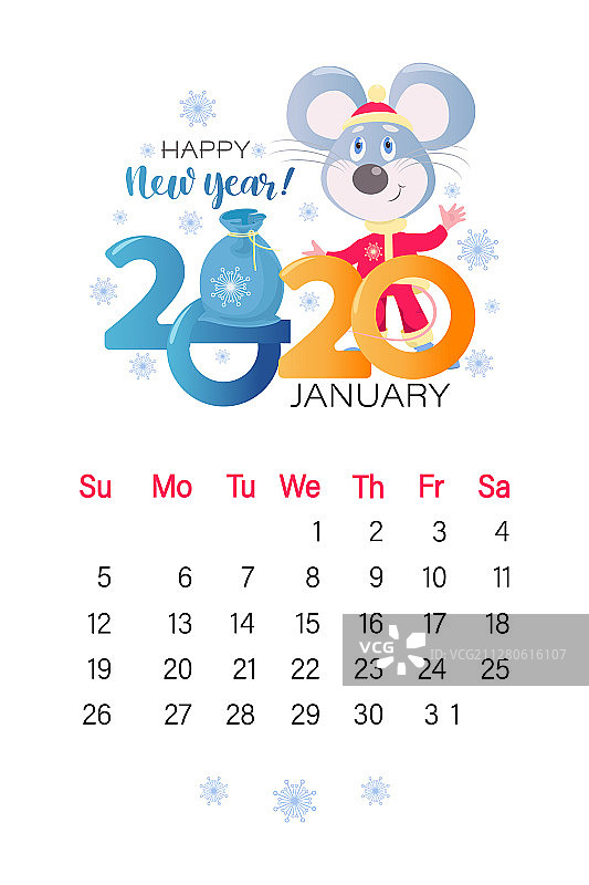 2020年1月日历设计页面小老鼠图片素材