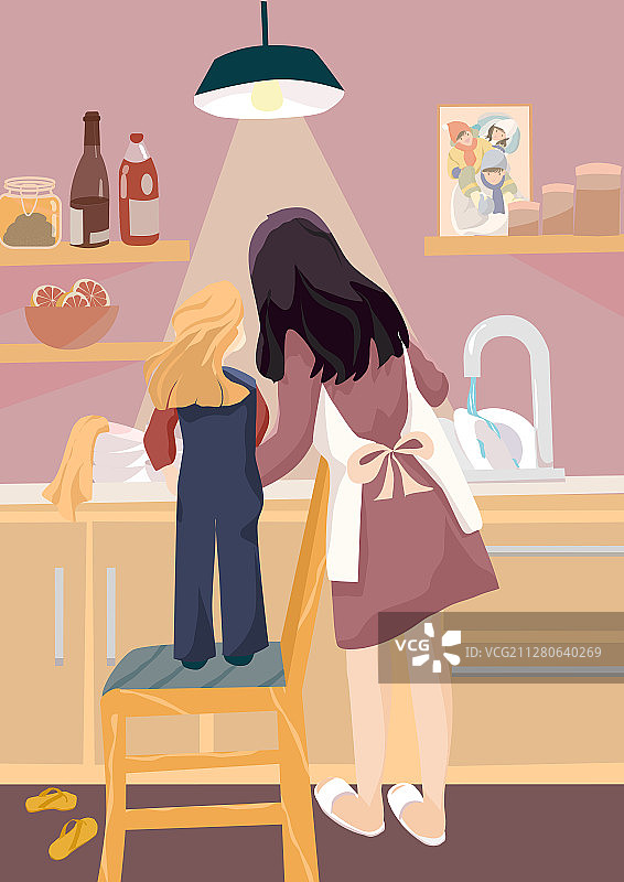 厨房洗碗的妈妈女儿劳动节母亲节竖版矢量插画图片素材