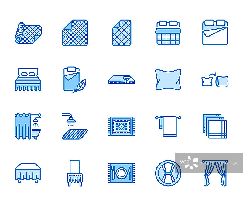 亚麻布艺扁平线条图标：卧室纺织品和毯子图片素材