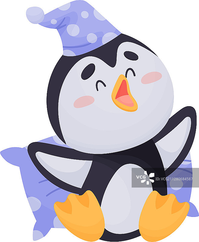 卡通瞌睡的企鹅坐在枕头上图片素材
