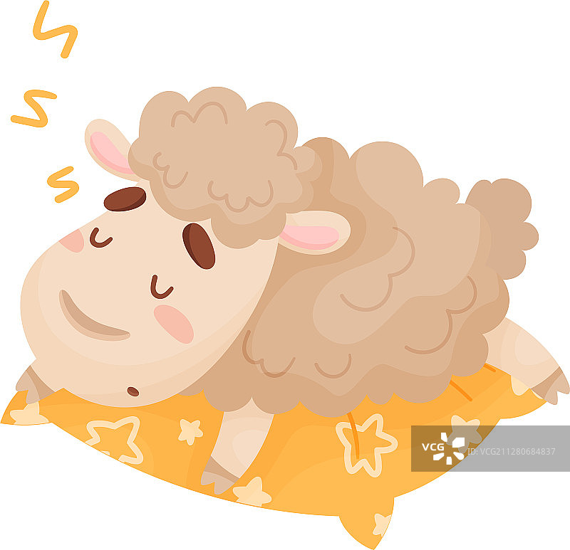 可爱绵羊卡通角色在柔软物上睡觉图片素材