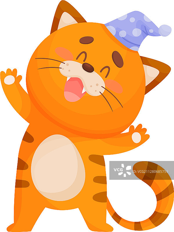卡通睡猫戴着睡帽站立图片素材